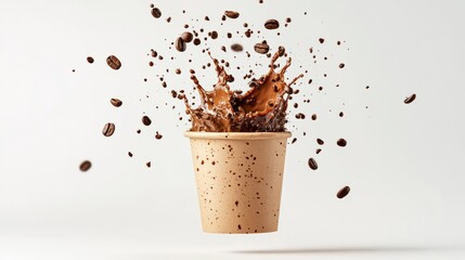 Flying paper coffee cup with dramatic espresso splash mid-air, isolated on white generative ai