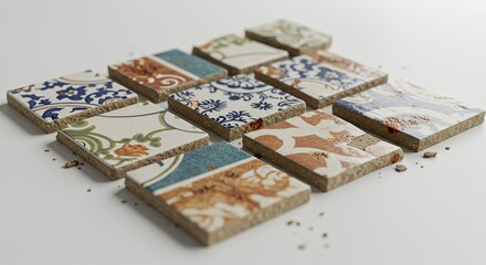 Naklejka premium Damaged Mosaic Tiles on White Screen Background Featuring Varied Patterns Perfect for Texture Overlays Advertising Decoration and Represents Themes of Reuse Recycle Repair