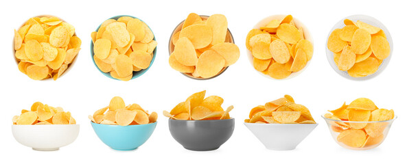 Delicious crispy potato chips in bowls isolated on white, collage. Top and side views