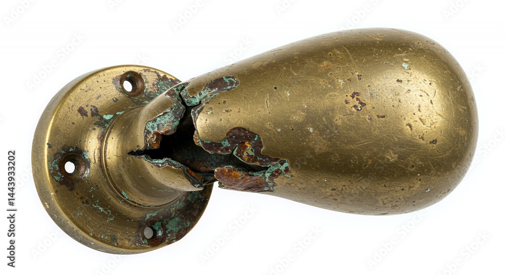 Poster damaged rusted brass doorknob isolated on white screen background pulled from demolished building di
