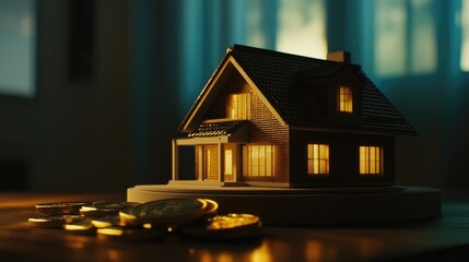 A golden coin stack with a miniature house model, symbolizing real estate finance and investment