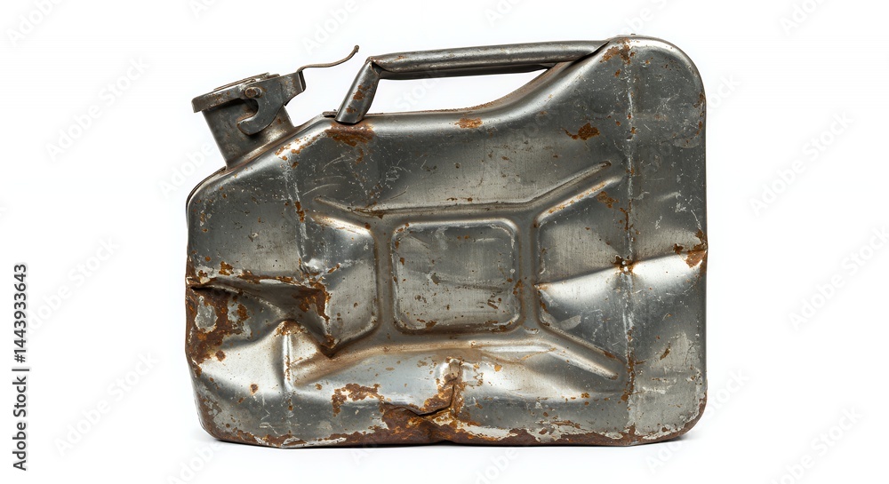 Poster damaged rusty metal jerrycan isolated on white screen background with detailed texture and corrosion