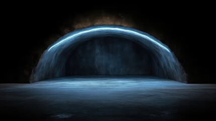 Dark, arched neon tunnel on concrete floor