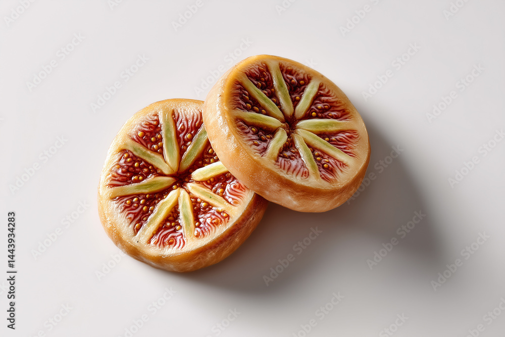 Poster vibrant fig slices showcase intricate internal patterns against a clean light background. concept of