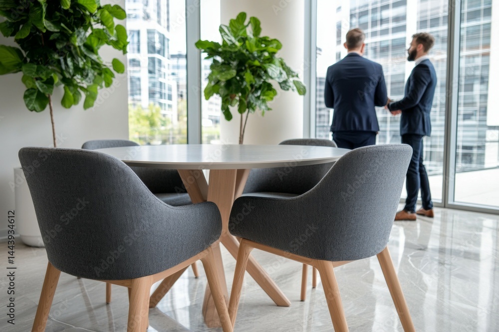 Aufkleber a group of men are standing around a table in a room with a large window