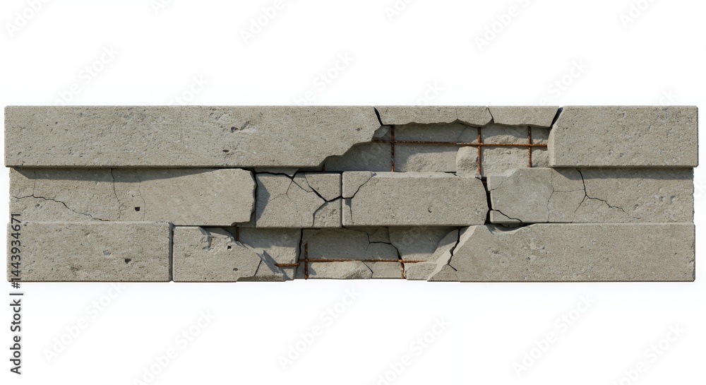 Poster detailed broken concrete beam with visible rebar isolated on white screen damage texture industrial 