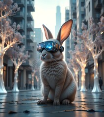 A Curious Rabbit Sits on a City Street Wearing Virtual Reality VR Glasses Exploring Technology and Future Innovation