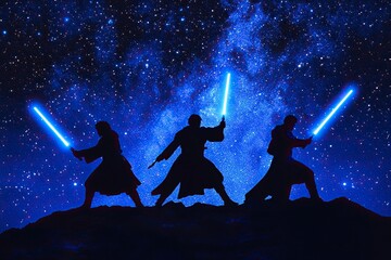 A photo depicting three Jedi holding lightsabers, against a dark blue and black starry sky background, in silhouette style with a glowing light effect on the characters. 