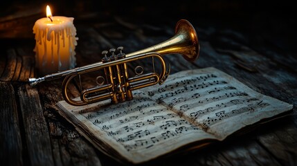 Elegant Trumpet Resting on Vintage Sheet Music with Candlelight Glow