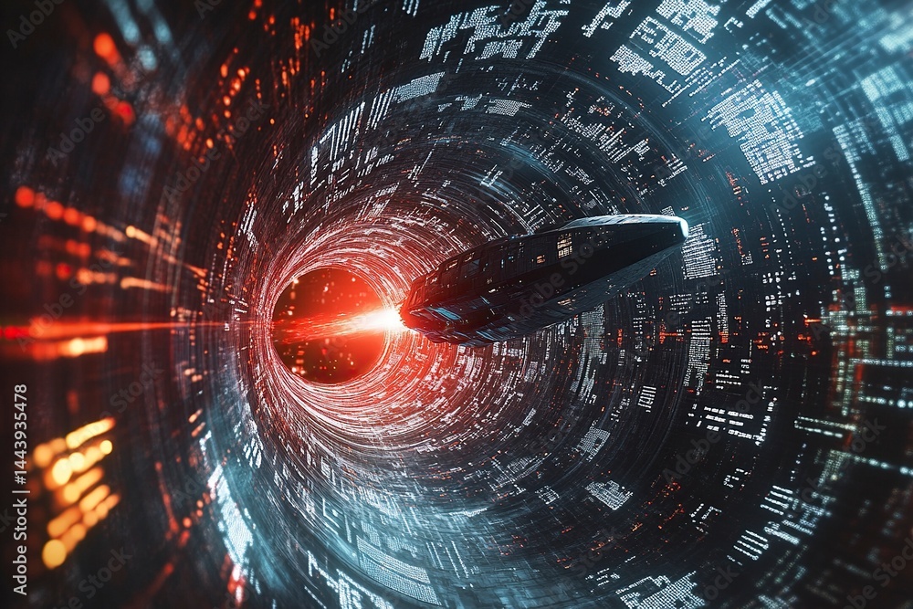 Poster A spaceship flies through the center of an infinite tunnel made up entirely of computer code. A red light shines on it, with a digital fractal texture background, hyper-realistic and high resolution. 
