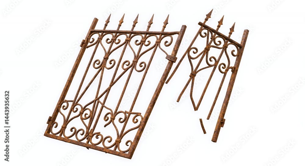 Poster dilapidated rusted wrought iron garden gate partially unhinged isolated on white screen background d