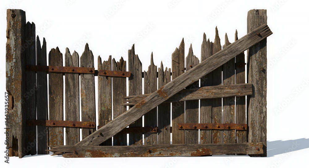 Aufkleber dilapidated rustic wooden gate with broken planks and weathered texture isolated on white screen bac
