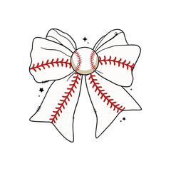 Hand-drawn white bow with red baseball stitching and a central baseball, combining sporty and feminine elements, perfect for baseball moms, fan gear, and themed apparel