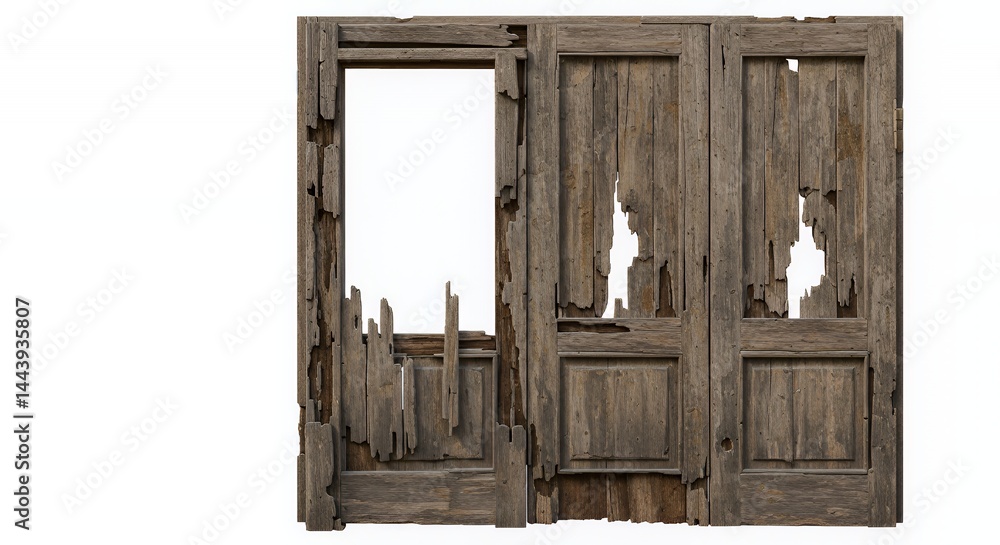 Aufkleber dilapidated wooden door frame isolated on white screen background displaying extensive rot and broke