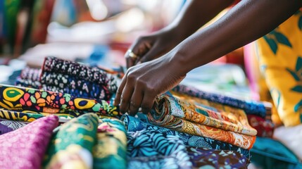 Colorful fabrics being examined at market