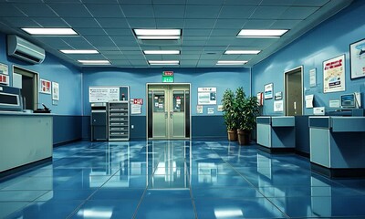 Tiled hallway featuring counters, bulletins, plants, and doors in a blue-tinted, sterile environment