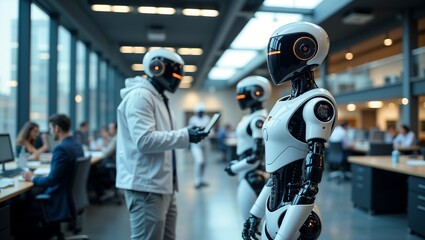 Robots in modern Office: A realistic depiction of robotic workforce interacts within a contemporary office environment, where automation integrates into daily business activities.