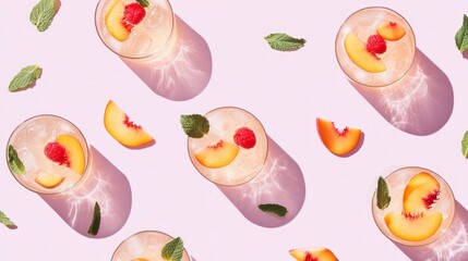 Fruity cocktails with peach and mint, refreshing summer theme on pale purple generative ai