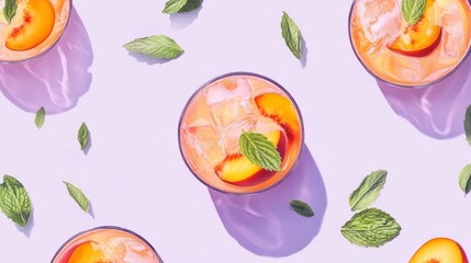 Fruity cocktails with peach and mint, refreshing summer theme on pale purple generative ai