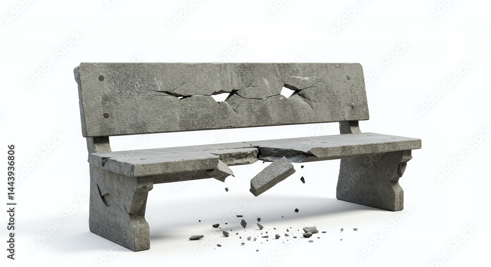Poster fragmented concrete park bench scarred and weathered by time and impact isolated on white screen bac