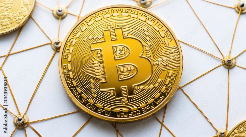 Aufkleber bitcoin symbol constructed out of small network nodes and blockchain links