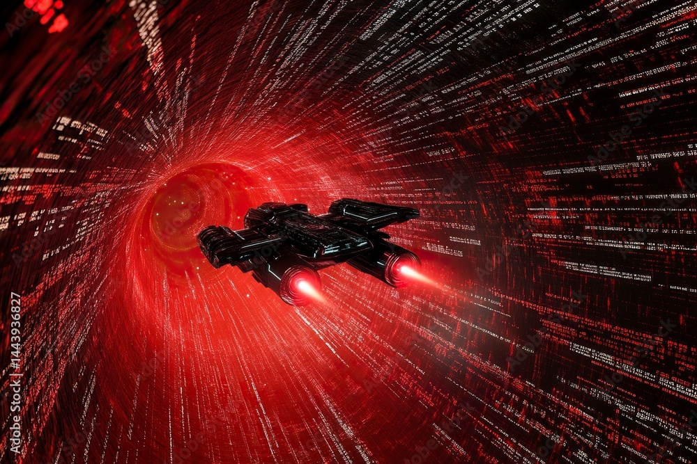 Poster A spaceship flies through the center of an infinite tunnel made up entirely of computer code. A red light shines on it, with a digital fractal texture background, hyper-realistic and high resolution. 