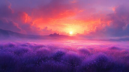 Obraz premium Sunrise over a mystical lavender field