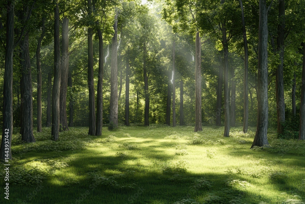 Poster sunlight filtering through a dense forest canopy.
