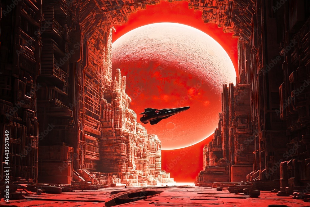 Poster a spaceship is flying inside the red circular tunnel of an alien city. the buildings have complex pa