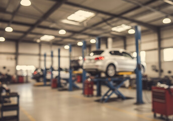 Fototapeta premium A blurred view captures a car in an auto repair shop, elevated on a lift for servicing needs.