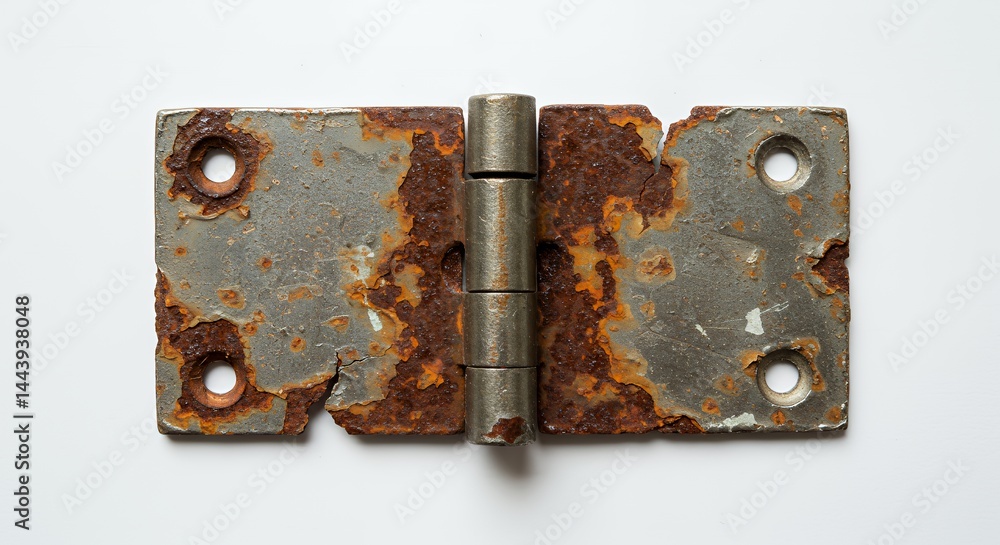 Poster isolated rusty metal hinge damage detailed texture on white screen background showing broken edges a