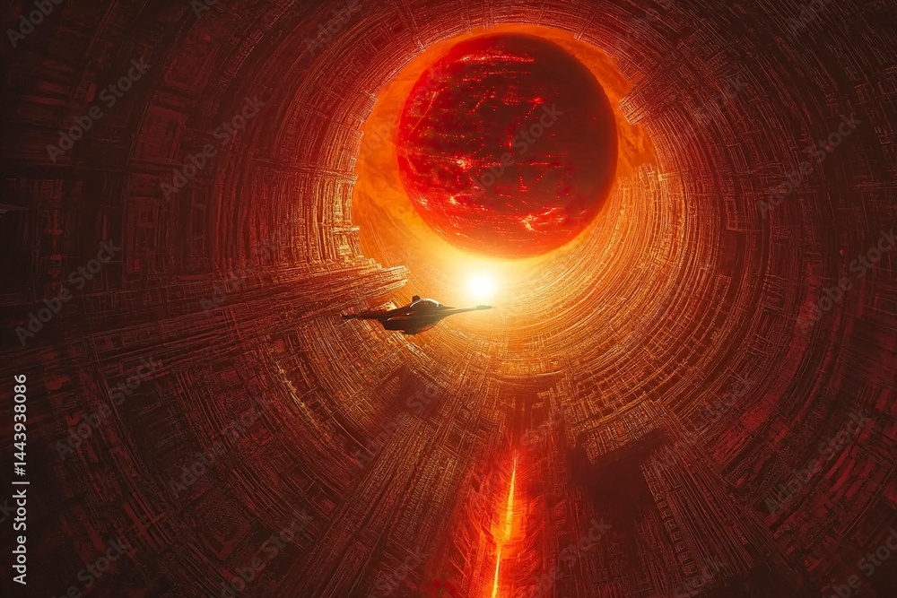 Poster A spaceship is flying inside the red circular tunnel of an alien city. The buildings have complex patterns and textures. There is a large sun in front of them. A huge egg-shaped object is floating