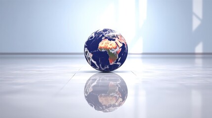 High Detail 3D Earth Globe on Polished Floor  Global Business  World Map