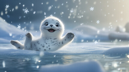 Fototapeta premium Happy seal pup in snowy scene