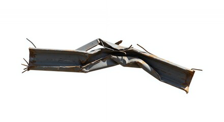 Mangled And Severely Damaged Steel I Beam Isolated On White Screen Background Twisted And Bent Metal Beam With Significant Damage And Texture In Studio Shot