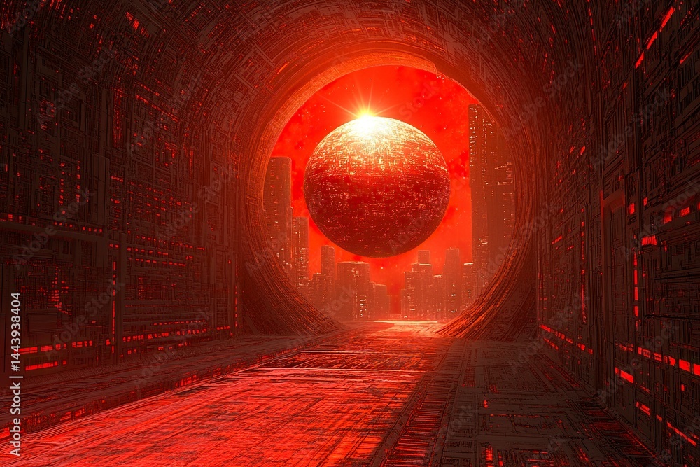 Poster a spaceship is flying inside the red circular tunnel of an alien city. the buildings have complex pa