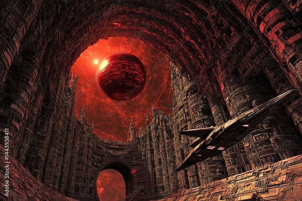 Poster A spaceship is flying inside the red circular tunnel of an alien city. The buildings have complex patterns and textures. There is a large sun in front of them. A huge egg-shaped object is floating