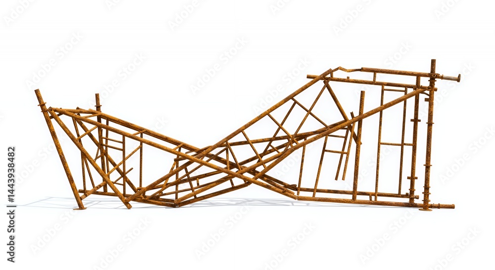 Poster Partially Collapsed Rusted Metal Scaffolding Showcasing Broken Structure Isolated On White Screen Background Featuring Detailed Texture Corroded Framework Perfect For Illustrating Decay Industrial