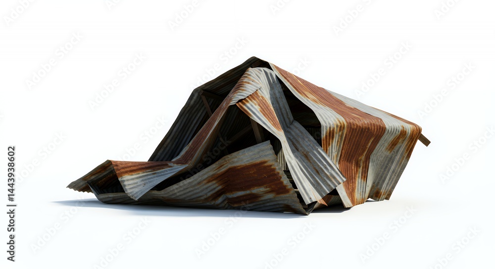 Poster Realistic Collapsed Rusted Corrugated Metal Shed Damaged and Isolated on White Screen Background Creating Desolation and Showing Detail Texture Object for Reuse and Recycle