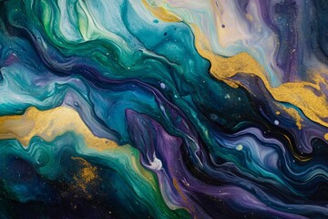 Abstract swirling fluid art design with gold accents.