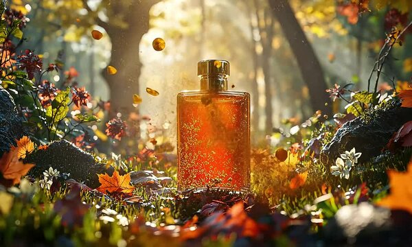 Autumnal elixir a fragrance bottle amidst nature's splendor captures the essence