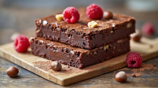 Chocolate brownies topped with raspberries and hazelnuts