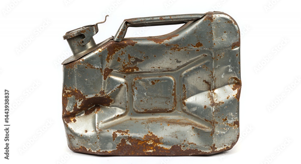 Poster rusted and heavily damaged metal jerrycan isolated on white screen background for demonstrating dama