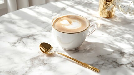 Glass cup of cappuccino on marble table, golden spoon on the side, luxury coffee moment generative ai