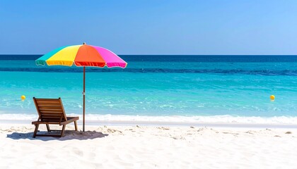 Fototapeta premium Colorful Umbrella and Beach Chair at Tropical Island Beach with Stunning Turquoise Water A Perfect Holiday and Summer Getaway Concept