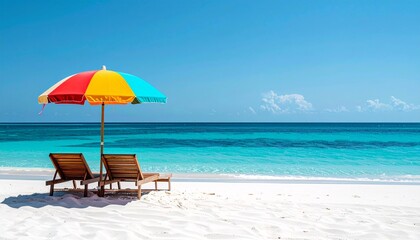 Relaxing Beach Scene With Colorful Umbrella Chairs and White Sand for Holiday Concepts and Summer Vacations Offers a Copy Space View
