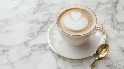Glass cup of cappuccino on marble table, golden spoon on the side, luxury coffee moment generative ai