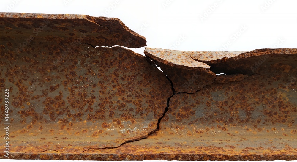 Poster rusted metal beam fragment displaying cracks and corrosion isolated on white screen background for i
