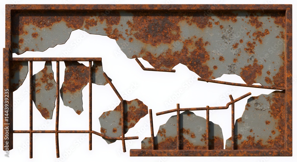 Poster rusted metal frame with broken segments isolated on white screen for ads promotion backdrop and clea