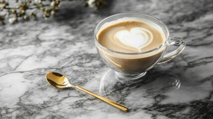 Glass cup of cappuccino on marble table, golden spoon on the side, luxury coffee moment generative ai